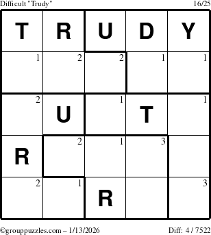 The grouppuzzles.com Difficult Trudy puzzle for Tuesday January 13, 2026 with the first 3 steps marked