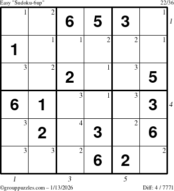 The grouppuzzles.com Easy Sudoku-6up puzzle for Tuesday January 13, 2026 with all 4 steps marked