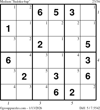 The grouppuzzles.com Medium Sudoku-6up puzzle for Tuesday January 13, 2026 with all 5 steps marked