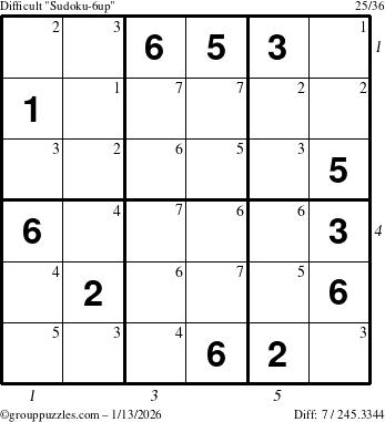 The grouppuzzles.com Difficult Sudoku-6up puzzle for Tuesday January 13, 2026 with all 7 steps marked