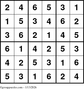 The grouppuzzles.com Answer grid for the Sudoku-6up puzzle for Tuesday January 13, 2026