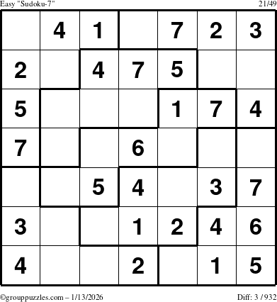 The grouppuzzles.com Easy Sudoku-7 puzzle for Tuesday January 13, 2026
