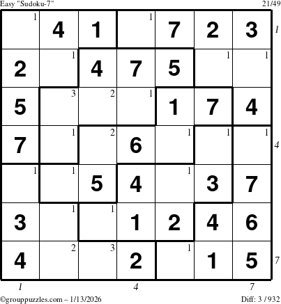 The grouppuzzles.com Easy Sudoku-7 puzzle for Tuesday January 13, 2026 with all 3 steps marked