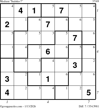 The grouppuzzles.com Medium Sudoku-7 puzzle for Tuesday January 13, 2026 with all 7 steps marked