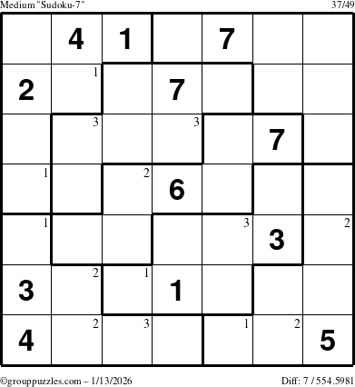 The grouppuzzles.com Medium Sudoku-7 puzzle for Tuesday January 13, 2026 with the first 3 steps marked