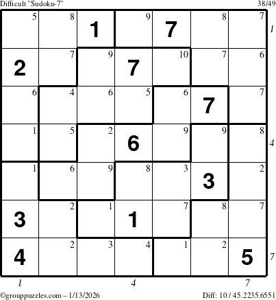 The grouppuzzles.com Difficult Sudoku-7 puzzle for Tuesday January 13, 2026, suitable for printing, with all 10 steps marked