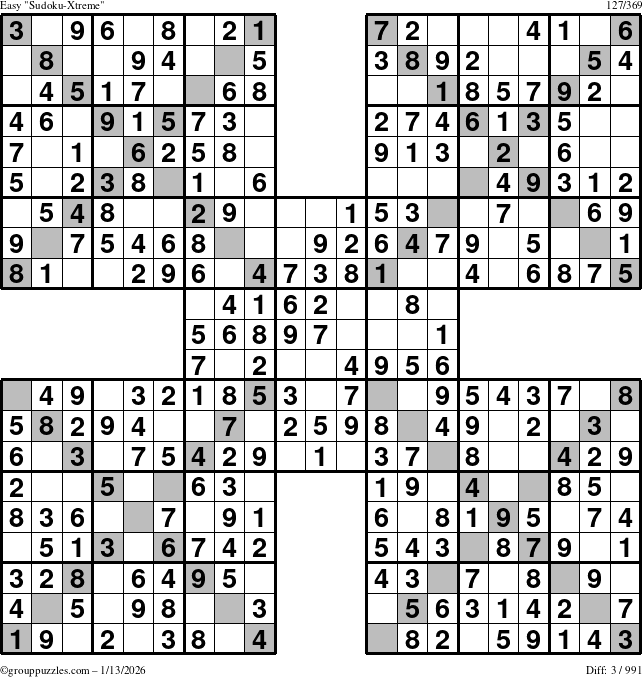 The grouppuzzles.com Easy Sudoku-Xtreme puzzle for Tuesday January 13, 2026