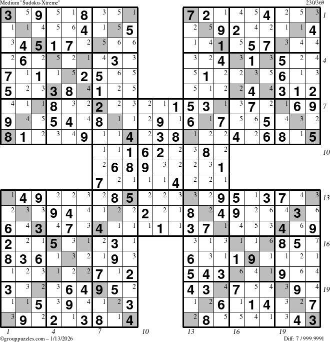 The grouppuzzles.com Medium Sudoku-Xtreme puzzle for Tuesday January 13, 2026 with all 7 steps marked