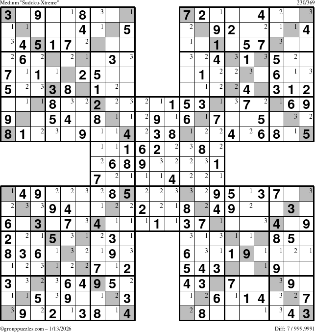 The grouppuzzles.com Medium Sudoku-Xtreme puzzle for Tuesday January 13, 2026 with the first 3 steps marked