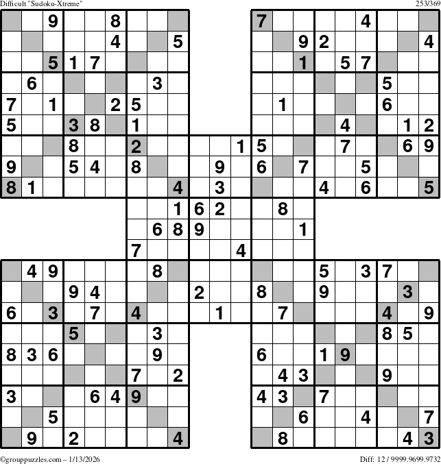 The grouppuzzles.com Difficult Sudoku-Xtreme puzzle for Tuesday January 13, 2026