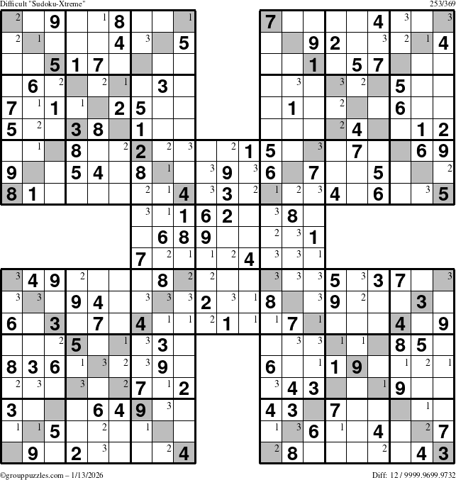 The grouppuzzles.com Difficult Sudoku-Xtreme puzzle for Tuesday January 13, 2026 with the first 3 steps marked