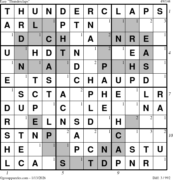 The grouppuzzles.com Easy Thunderclaps puzzle for Tuesday January 13, 2026 with all 3 steps marked