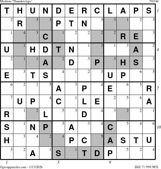 The grouppuzzles.com Medium Thunderclaps puzzle for Tuesday January 13, 2026, suitable for printing, with all 7 steps marked