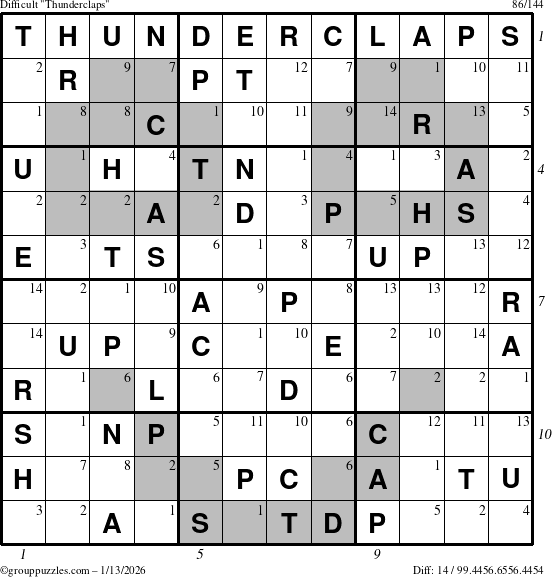 The grouppuzzles.com Difficult Thunderclaps puzzle for Tuesday January 13, 2026, suitable for printing, with all 14 steps marked