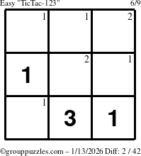 The grouppuzzles.com Easy TicTac-123 puzzle for Tuesday January 13, 2026 with the first 2 steps marked