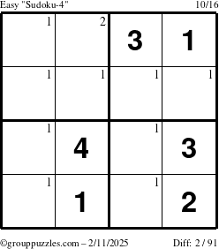 The grouppuzzles.com Easy Sudoku-4 puzzle for Tuesday February 11, 2025 with the first 2 steps marked