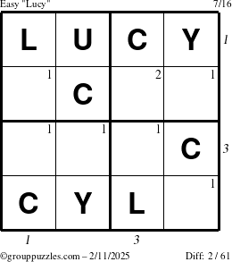 The grouppuzzles.com Easy Lucy puzzle for Tuesday February 11, 2025 with all 2 steps marked