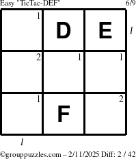 The grouppuzzles.com Easy TicTac-DEF puzzle for Tuesday February 11, 2025 with all 2 steps marked