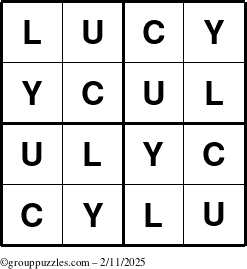 The grouppuzzles.com Answer grid for the Lucy puzzle for Tuesday February 11, 2025