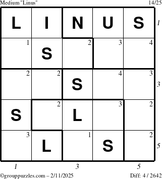 The grouppuzzles.com Medium Linus puzzle for Tuesday February 11, 2025 with all 4 steps marked