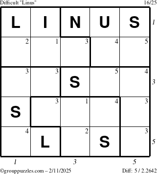 The grouppuzzles.com Difficult Linus puzzle for Tuesday February 11, 2025, suitable for printing, with all 5 steps marked