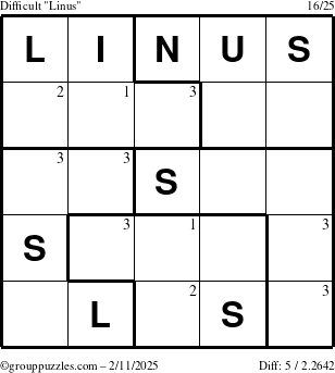 The grouppuzzles.com Difficult Linus puzzle for Tuesday February 11, 2025 with the first 3 steps marked