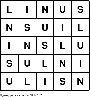 The grouppuzzles.com Answer grid for the Linus puzzle for Tuesday February 11, 2025