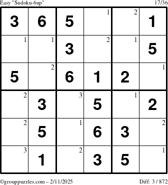 The grouppuzzles.com Easy Sudoku-6up puzzle for Tuesday February 11, 2025 with the first 3 steps marked