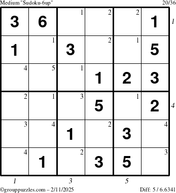 The grouppuzzles.com Medium Sudoku-6up puzzle for Tuesday February 11, 2025 with all 5 steps marked
