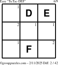 The grouppuzzles.com Easy TicTac-DEF puzzle for Tuesday February 11, 2025 with the first 2 steps marked