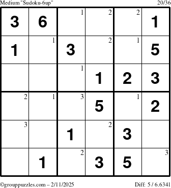 The grouppuzzles.com Medium Sudoku-6up puzzle for Tuesday February 11, 2025 with the first 3 steps marked