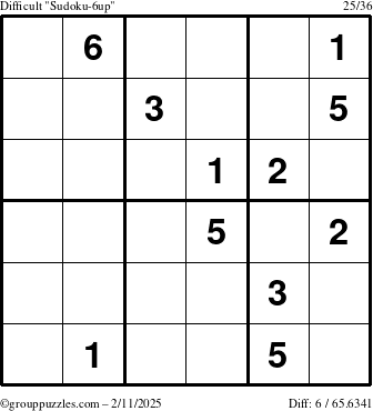 The grouppuzzles.com Difficult Sudoku-6up puzzle for Tuesday February 11, 2025
