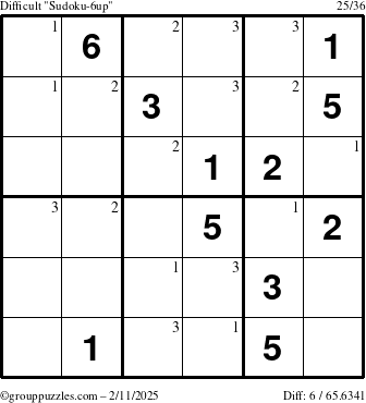 The grouppuzzles.com Difficult Sudoku-6up puzzle for Tuesday February 11, 2025 with the first 3 steps marked