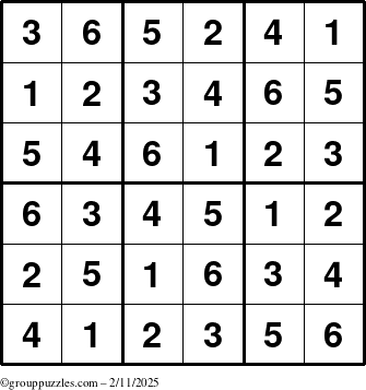 The grouppuzzles.com Answer grid for the Sudoku-6up puzzle for Tuesday February 11, 2025