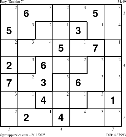 The grouppuzzles.com Easy Sudoku-7 puzzle for Tuesday February 11, 2025 with all 4 steps marked