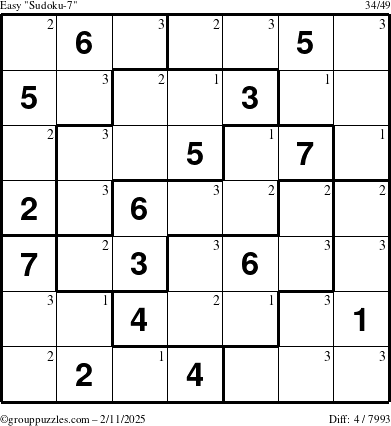 The grouppuzzles.com Easy Sudoku-7 puzzle for Tuesday February 11, 2025 with the first 3 steps marked