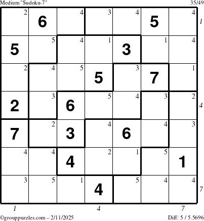 The grouppuzzles.com Medium Sudoku-7 puzzle for Tuesday February 11, 2025 with all 5 steps marked