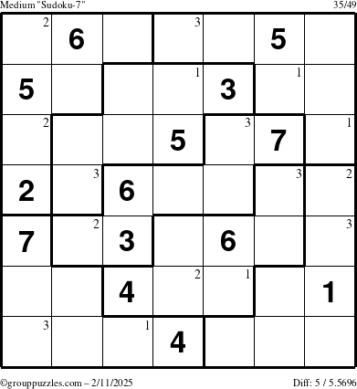 The grouppuzzles.com Medium Sudoku-7 puzzle for Tuesday February 11, 2025 with the first 3 steps marked