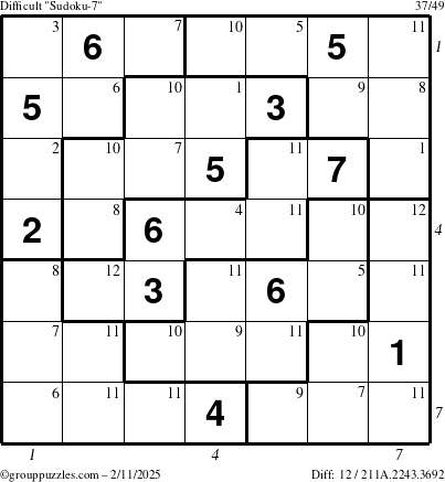 The grouppuzzles.com Difficult Sudoku-7 puzzle for Tuesday February 11, 2025 with all 12 steps marked