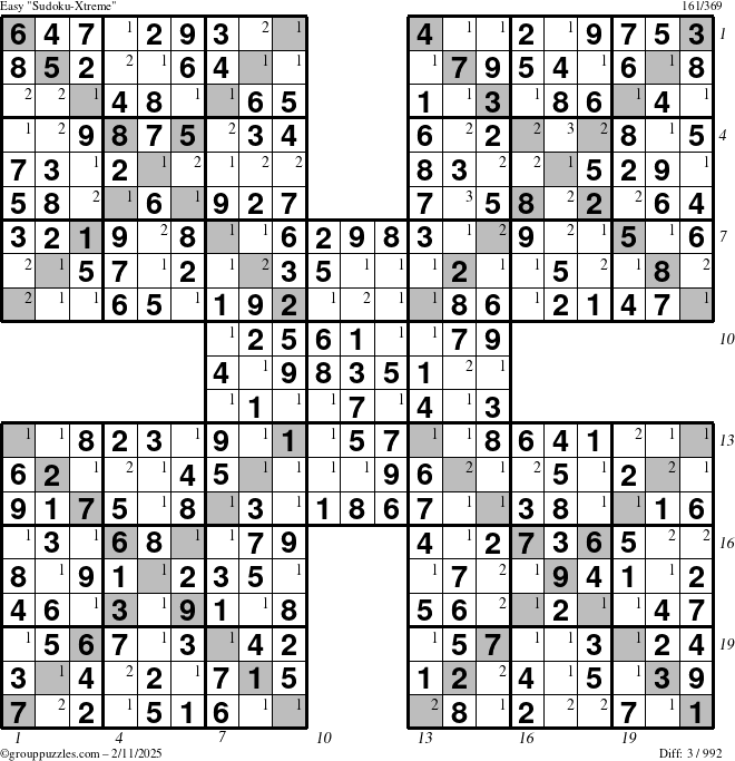 The grouppuzzles.com Easy Sudoku-Xtreme puzzle for Tuesday February 11, 2025 with all 3 steps marked