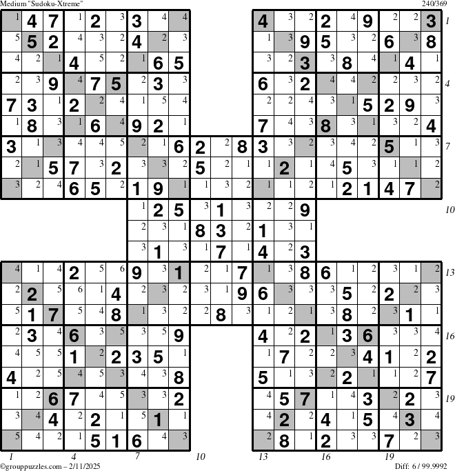 The grouppuzzles.com Medium Sudoku-Xtreme puzzle for Tuesday February 11, 2025 with all 6 steps marked
