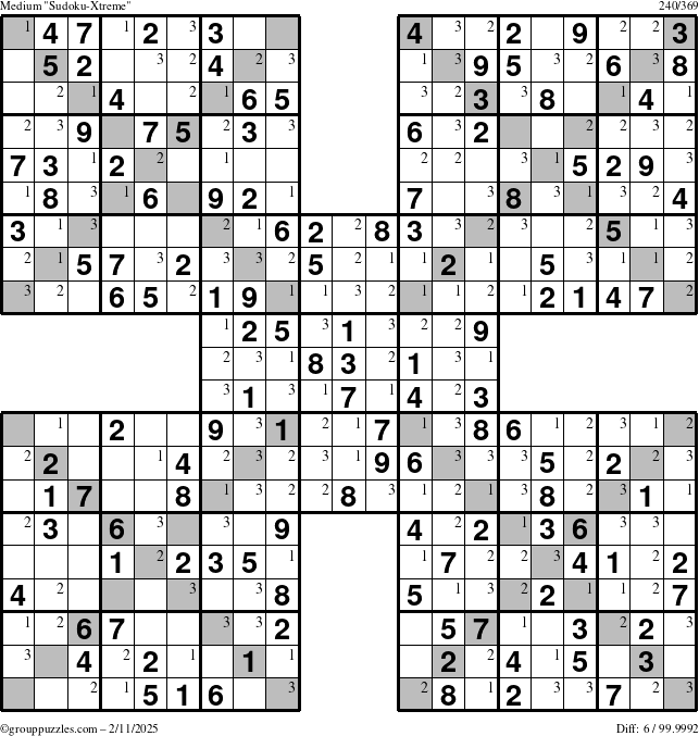 The grouppuzzles.com Medium Sudoku-Xtreme puzzle for Tuesday February 11, 2025 with the first 3 steps marked