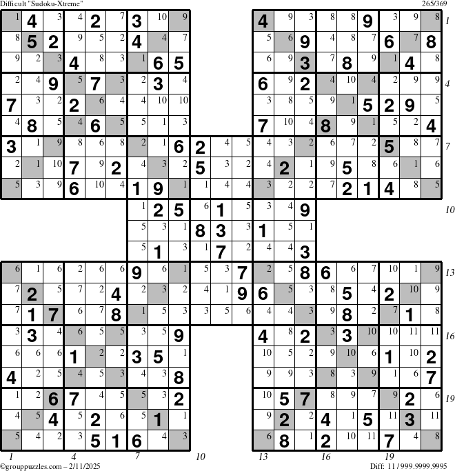 The grouppuzzles.com Difficult Sudoku-Xtreme puzzle for Tuesday February 11, 2025 with all 11 steps marked