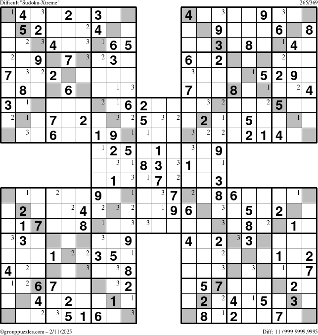 The grouppuzzles.com Difficult Sudoku-Xtreme puzzle for Tuesday February 11, 2025 with the first 3 steps marked