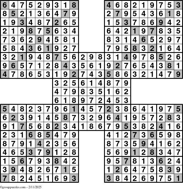 The grouppuzzles.com Answer grid for the Sudoku-Xtreme puzzle for Tuesday February 11, 2025