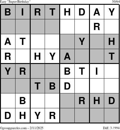 The grouppuzzles.com Easy Super-Birthday puzzle for Tuesday February 11, 2025