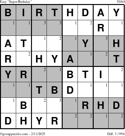 The grouppuzzles.com Easy Super-Birthday puzzle for Tuesday February 11, 2025 with the first 3 steps marked