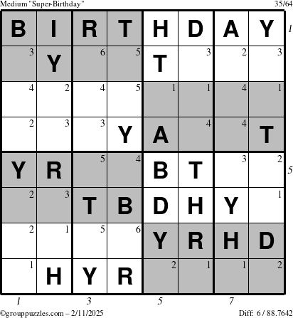 The grouppuzzles.com Medium Super-Birthday puzzle for Tuesday February 11, 2025 with all 6 steps marked
