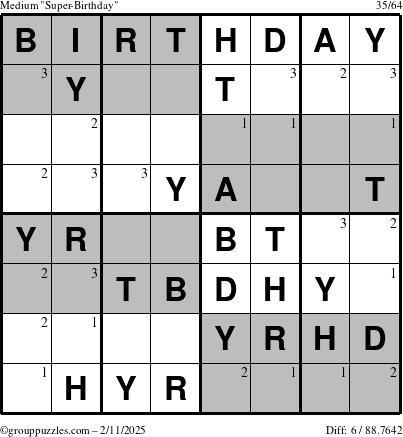 The grouppuzzles.com Medium Super-Birthday puzzle for Tuesday February 11, 2025 with the first 3 steps marked