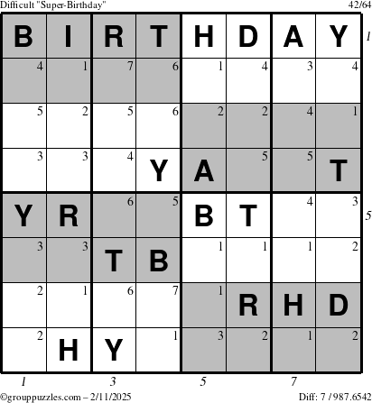 The grouppuzzles.com Difficult Super-Birthday puzzle for Tuesday February 11, 2025 with all 7 steps marked